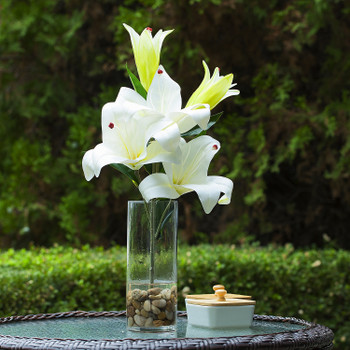 3 Large Heads Artificial Real Touch Lilies Flower Arrangement in  Glass Vase With Faux Water and River Rock(Cream)