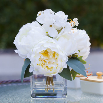 Mixed Artificial Silk Peony Flower  Arrangement in Clear Glass Vase With Faux Water