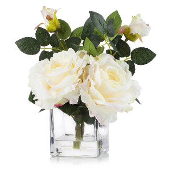 3 Large Silk Roses Flower Arrangement in Clear Glass Vase With Faux Water(Peach)