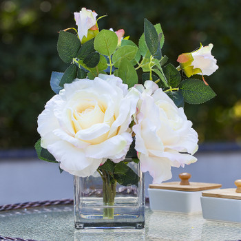 3 Large Silk Roses Flower Arrangement in Clear Glass Vase With Faux Water(Peach)