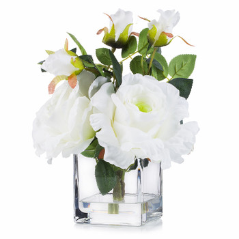 3 Large Silk Roses Flower Arrangement in Clear Glass Vase With Faux Water(White)