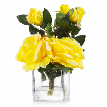 3 Large Silk Roses Flower Arrangement in Clear Glass Vase With Faux Water(Yellow)