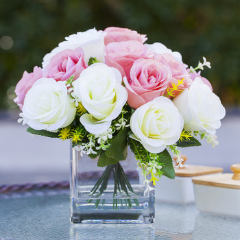 18 Heads Silk Roses Flower Arrangement in Clear Glass Vase With Faux Water(Cream Pink)