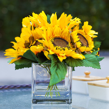 Artificial Silk Sunflower Arrangement in Clear Glass Vase With Faux Water
