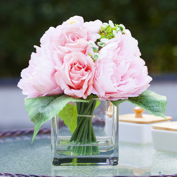 Mixed Artificial Roses Flower Arrangement in Cube Glass Vase With Faux Water(Pink)