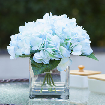 Artificial Real Touch Hydrangea Flower Arrangement in Cube Glass Vase With Faux Water(Light Blue)