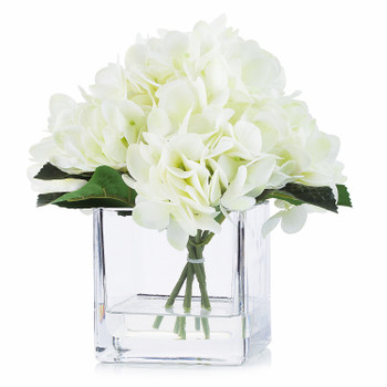 Artificial Real Touch Hydrangea Flower Arrangement in Cube Glass Vase With Faux Water(Cream)