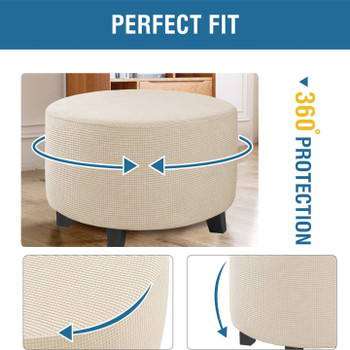 Round Ottoman Slipcover Footstool Protector Covers Storage Stool Ottoman Covers Stretch with Elastic Bottom(Ivory