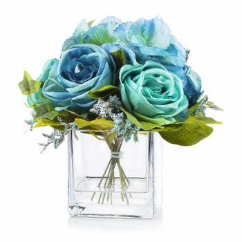  Mixed Artificial Roses Flower Arrangement in Cube Glass Vase With Faux Water(Aqua)