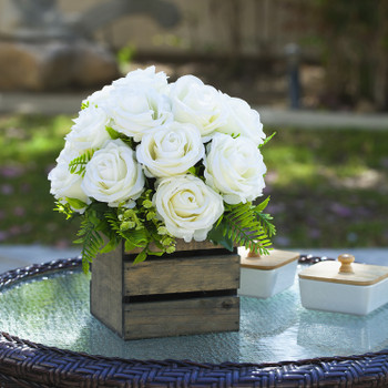 18 Heads Mixed Rose Flower Arrangement With Wood Planter(Cream)