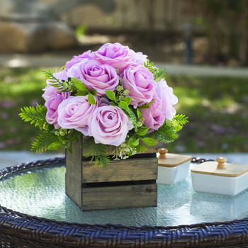 18 Heads Mixed Rose Flower Arrangement With Wood Planter(Pink)