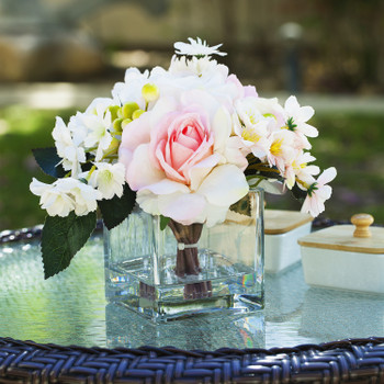 Mixed Artificial Roses Flower Arrangement in Cube Glass Vase With Faux Water(White Pink)