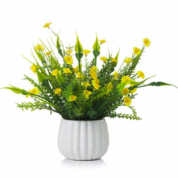 Mixed Artificial Mini Sunflower Arrangement in White Ceramic Pot( Yellow)