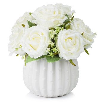 Mixed Artificial Rose Flower Arrangement in White Ceramic Pot( Cream)