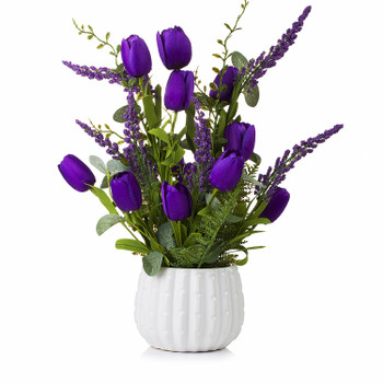 Mixed Artificial Tulip Flower in White Ceramic Pot(Purple)