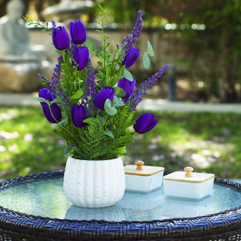 Mixed Artificial Tulip Flower in White Ceramic Pot(Purple)