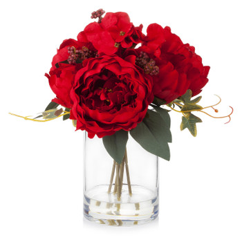 Mixed Artificial Peony and Hydrangea Flower Arrangement in Cube Glass Vase With Faux Water(Red)