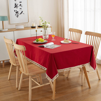 High Quality Washable Cotton Wrinkle Free Tablecloth with Tassel (Red)