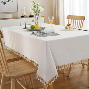 High Quality Washable Cotton Wrinkle Free Tablecloth with Tassel (White)