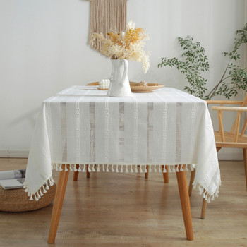 Washable Cotton Linen Wrinkle Free Tablecloth with Tassel (White)
