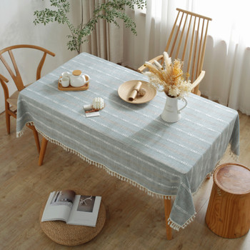 Washable Cotton Linen Wrinkle Free Tablecloth with Tassel (Light Blue)