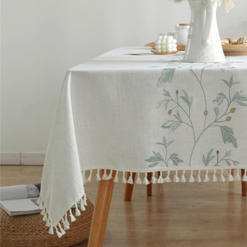 High Quality Washable Wrinkle Free Tablecloth with Tassel (Green Leaf)