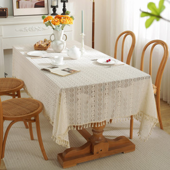 High Quality Washable Wrinkle Free Lace Tablecloth with Tassel(Beige)