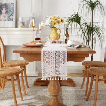 Fashion Table Runner with Tassels, Cotton Farmhouse Table Decoration ,9.5"X78", White
