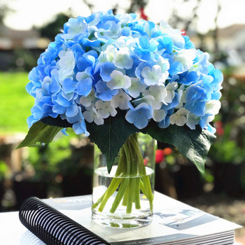 Blue Cream Artificial Hydrangea Flower Arrangements with Clear Glass Vase 
