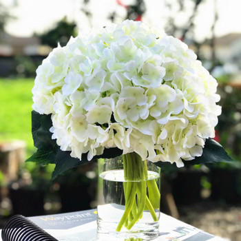Cream Artificial Hydrangea Flower Arrangements with Clear Glass Vase 