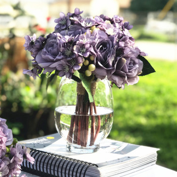 Purple  Artificial Rose and Mixed Flower Arrangements with Clear Glass Vase 