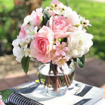 Pink and Cream Artificial Rose and Mixed Flower Arrangements with Clear Glass Vase 