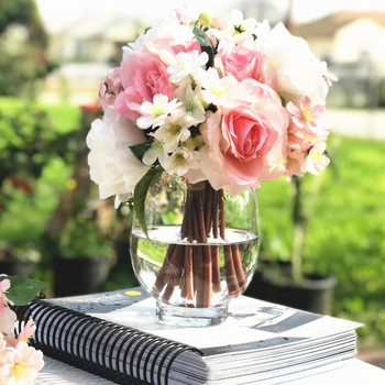 Pink and Cream Artificial Rose and Mixed Flower Arrangements with Clear Glass Vase 