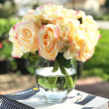 Blush Artificial Rose and Hydrangea Flower Arrangements with Glass Vase 