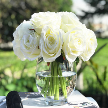 Cream Artificial Open Rose Flower Arrangements with Glass Vase 