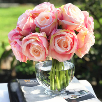 Pink Artificial Open Rose Flower Arrangements with Glass Vase 
