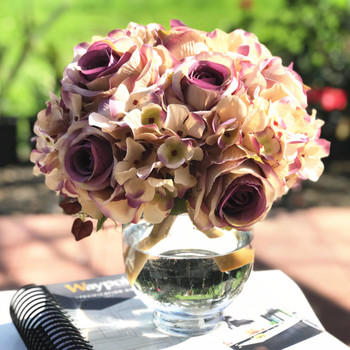 Lavender Cream Artificial Rose and Hydrangea Flower Arrangements with Glass Vase 