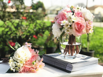 Pink and Cream Artificial Rose and Mixed Flower Bouquet Set of 2