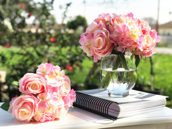Pink Artificial Rose and Hydrangea Flower Bouquets Set of 2