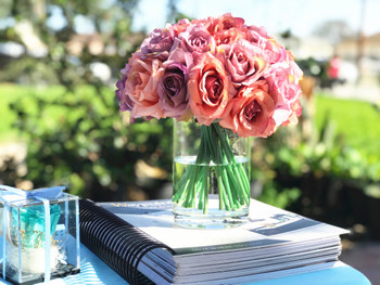 Purple Artificial Open Rose Flower Arrangements with Glass Vase 