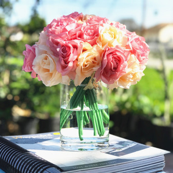 Pink and Blush Artificial Open Rose Flower Arrangements with Glass Vase 