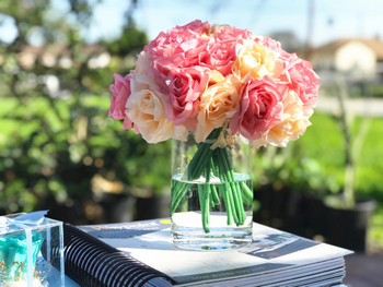Pink and Blush Artificial Open Rose Flower Arrangements with Glass Vase 