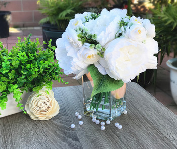White Artificial Peony Mixed Flower Arrangements with Glass Vase