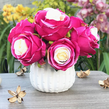 Wine Red Artificial Open Rose Flower Arrangements With White Ceramic Vase