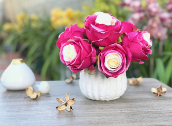 Wine Red Artificial Open Rose Flower Arrangements With White Ceramic Vase