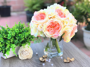 Champagne Peony and Hydrangea Mixed Faux Flower Arrangement With Clear Glass Vase