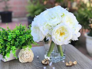 Cream Peony and Hydrangea Mixed Faux Flower Arrangement With Clear Glass Vase