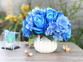 Blue Artificial Open Rose and Hydrangea Flower Arrangement With White  Ceramic Vase