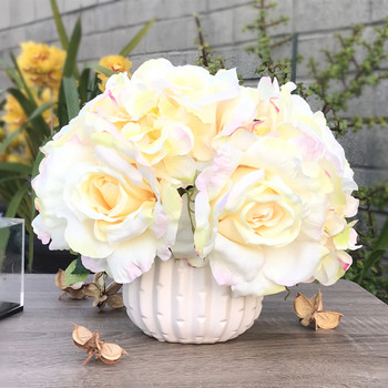 Blush Artificial Open Rose and Hydrangea Flower Arrangement With White  Ceramic Vase