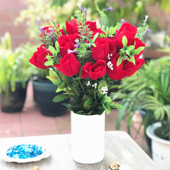 Red Velet Open Rose Faux Flower Arrangement With White  Ceramic Vase